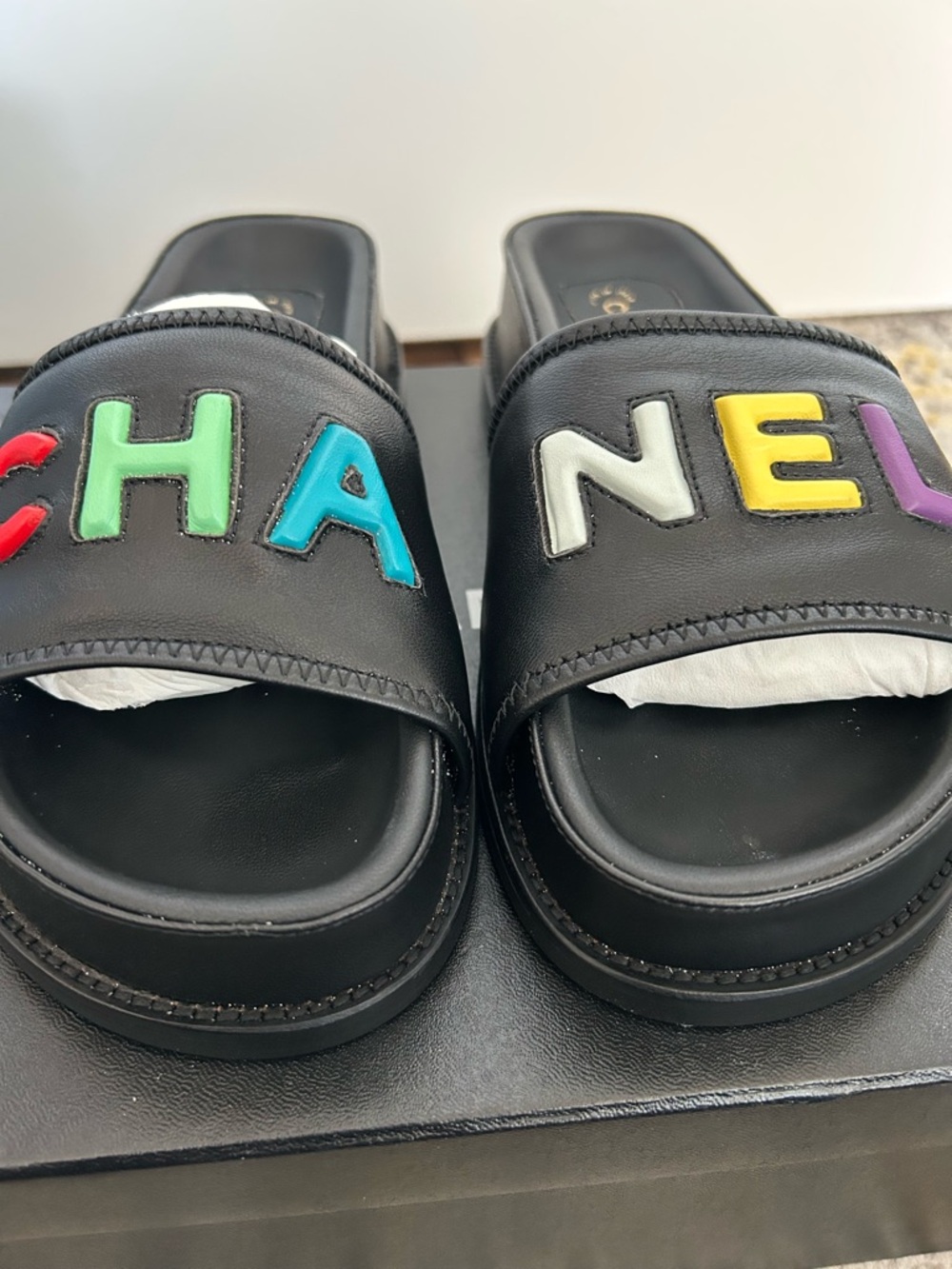 CHANEL Black Leather Slide Sandals with Multicolor Lettering - Picture 2 of 7